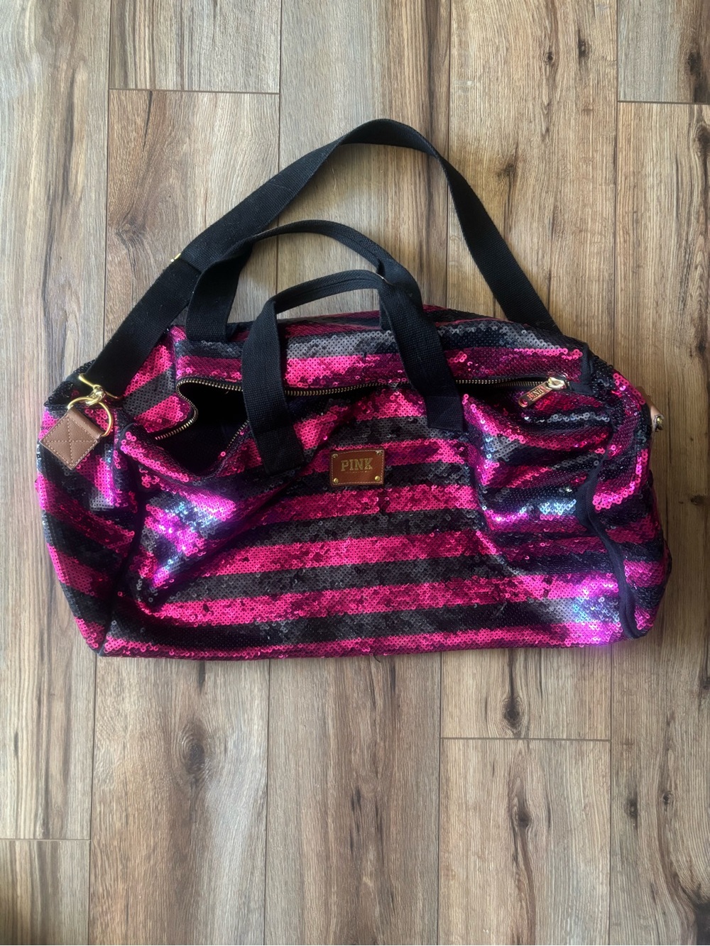 PINK Victoria's Secret Hot Pink & Black Sequin Stripe Travel Duffel